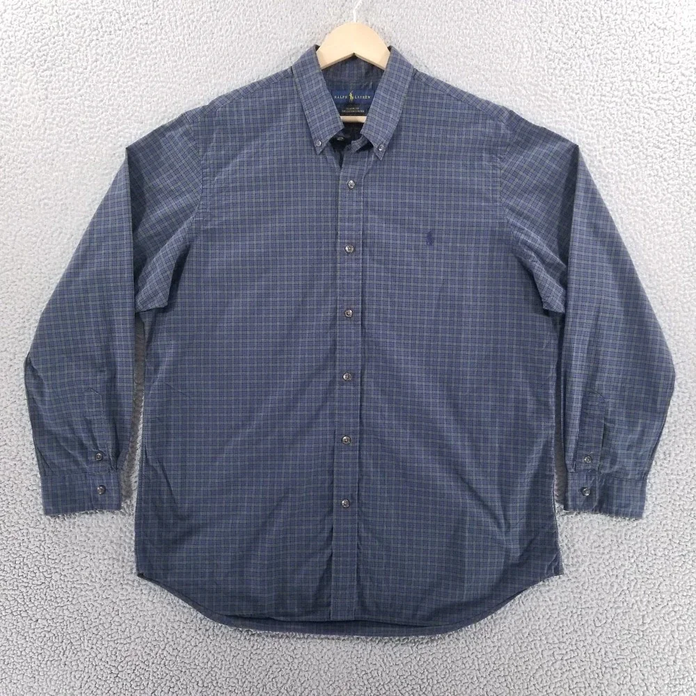 Ralph Lauren Shirt Mens XL Navy Plaid Classic Fit Button Down Cotton Stretch